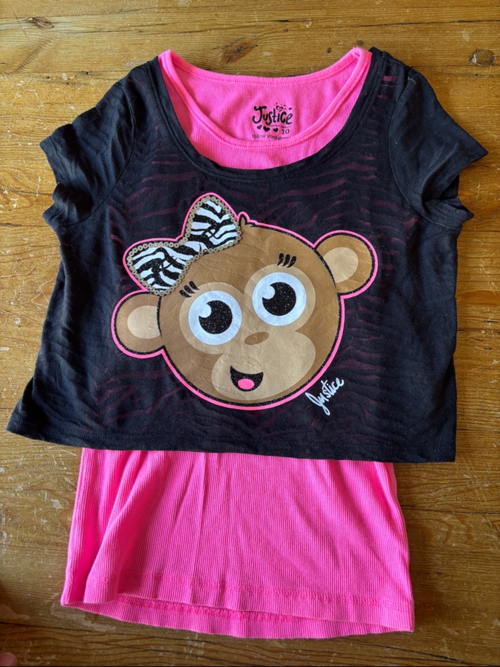 Justice Girls Black & Hot Pink Monkey Graphic Layered Tee